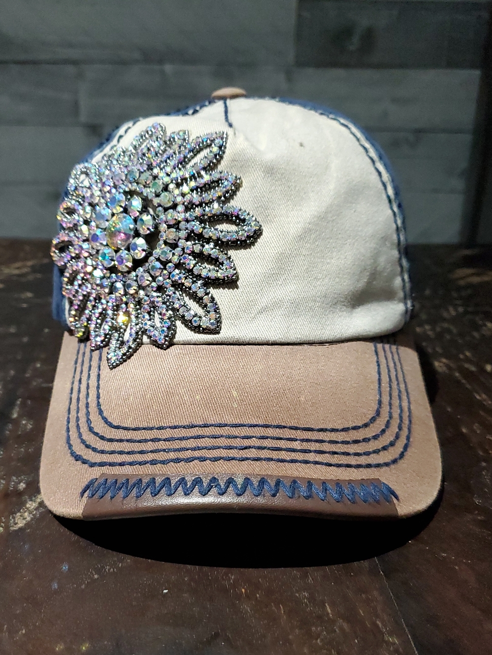 Olive & Pique Crystal Flower Embellished Baseball Cap Cream  Brown Blue Glam Hat